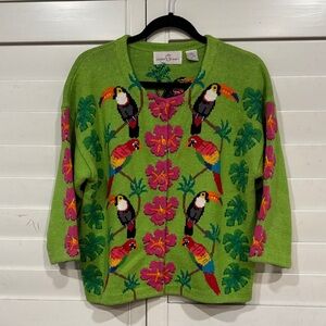 Karen Scott Green Toucan Cardigan Funky Vintage Embroidery
